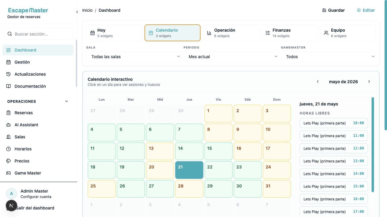 Calendario real de EscapeMaster Gestor con sesiones y disponibilidad